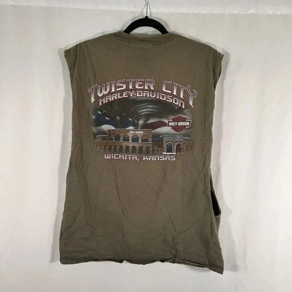 Vintage Harley Davidson Tank Top Men's Large Green Cut Off Twister City - Picture 9 of 12
